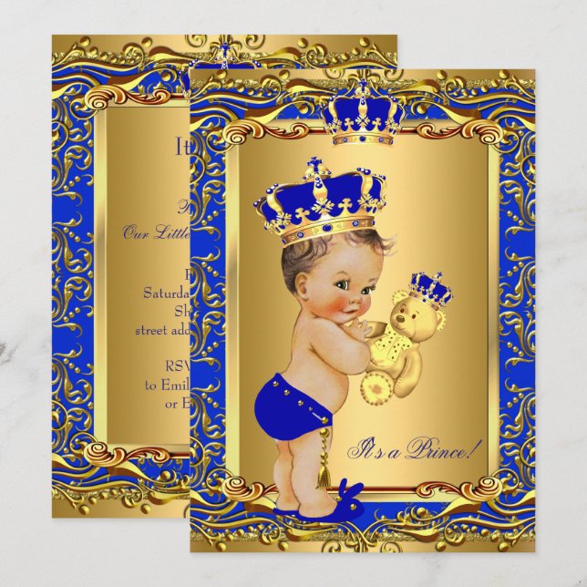Convite Príncipe Coroa Azul Real Bebê Chuveiro Urso Morena (Frente/Verso)