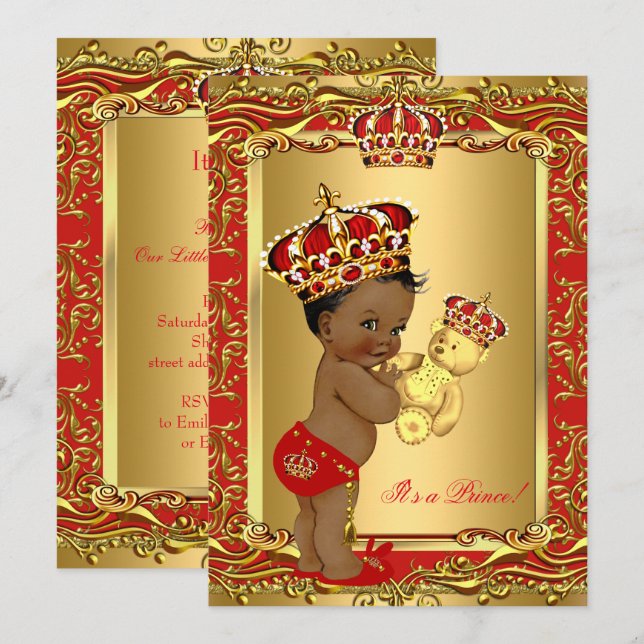 Convite Príncipe Coroa Bebê Royal Vermelho Churrasco Urso  (Frente/Verso)