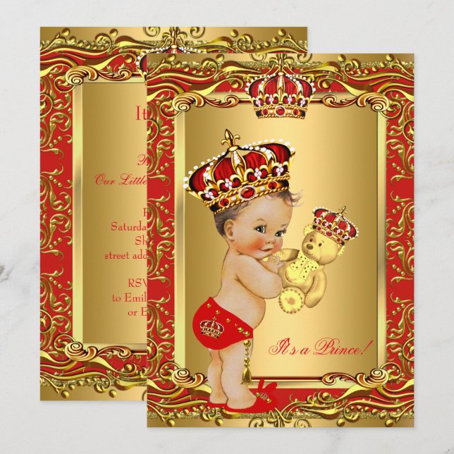 Convite Príncipe Coroa Real Vermelho Bebê Festa de Criança (Frente/Verso)