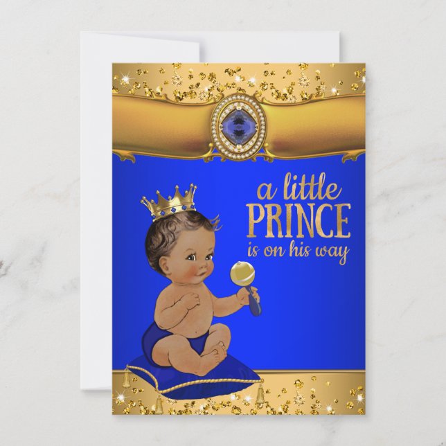 Convite Príncipe Étnico Azul Royal Dourado Chás de Bebê Pr (Frente)