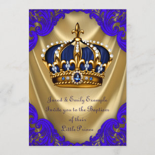 Convite Príncipe Menino Batismo Azul Real e Cetim Dourado