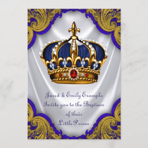 Convite Príncipe Menino Batismo Azul Real Ouro Coroa Rubi
