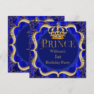 Convite Príncipe Menino de 1º Aniversário Coroa Azul Doura