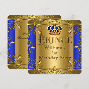 Convite Príncipe Menino de 1º Aniversário Coroa Azul Ouro 