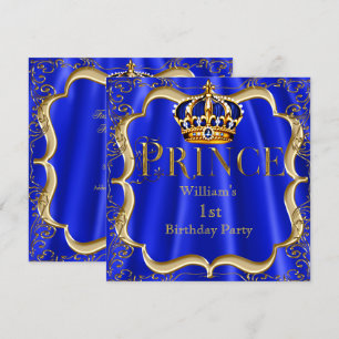 Convite Príncipe Menino de 1º Aniversário Coroa Azul Ouro