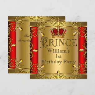 Convite Príncipe Menino de 1º Aniversário Vermelho Coroa D