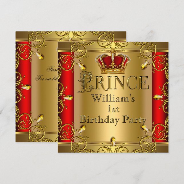 Convite Príncipe primeiro aniversario Menino Vermelho Dour (Frente/Verso)