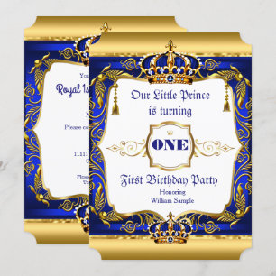 Convite Príncipe Real Aniversário de 1 Ano Coroa Azul Orna