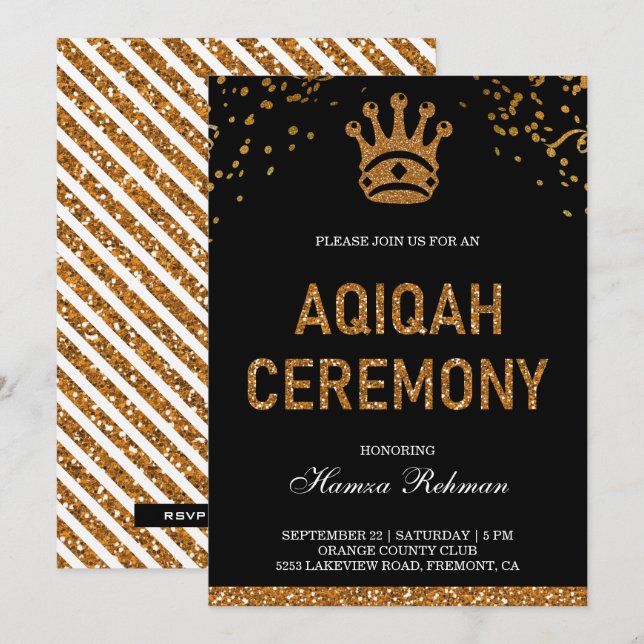 Convite Príncipe Real Coroa de Ouro Aqiqah (Frente/Verso)
