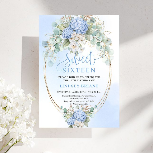 Convite Printable Blue Floral Gold Sweet Sixteen Party (Printable Blue Floral Gold Sweet Sixteen Party Invitation)