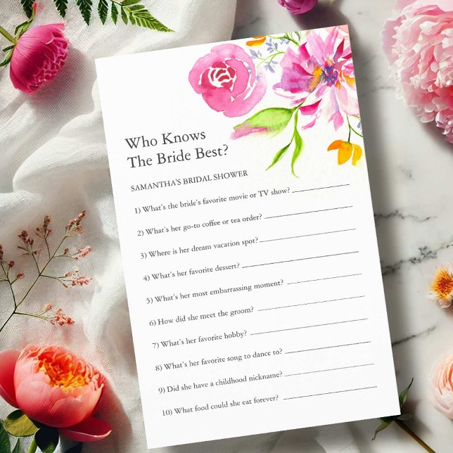 Convite Printable Floral Bridal Shower Questions Game (Printable bridal shower games with a Love is in Bloom theme by Do tell A Belle)