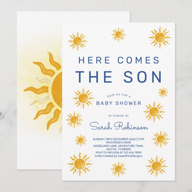 Convite Printable Here Comes The Son Baby Shower (Frente/Verso)