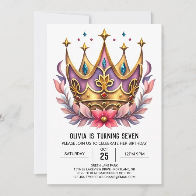 Convite Printable Princess Crown Birthday (Frente)