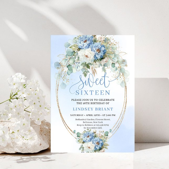 Convite Printable Script Dusty Blue Floral Sweet 16 Invite (Printable Script Dusty Blue Floral Sweet 16 Invitation)
