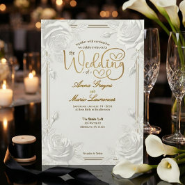 Convite Printed Embossed White Rose Faux Gold Wedding 