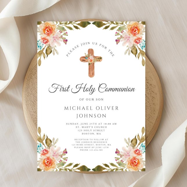 Convite Prioridade Comunitária da Cruz Religiosa Floral El (Elegant Floral Religious Cross First Communion Invitation)