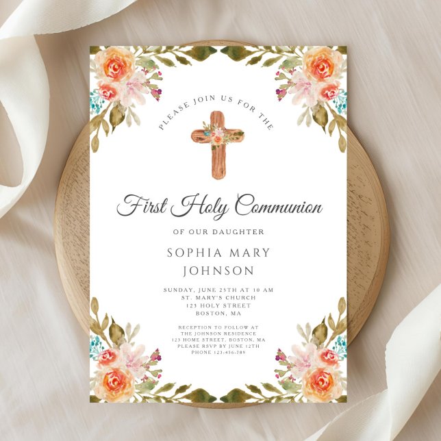 Convite Prioridade Comunitária da Cruz Religiosa Floral El (Elegant Floral Religious Cross First Communion Invitation)
