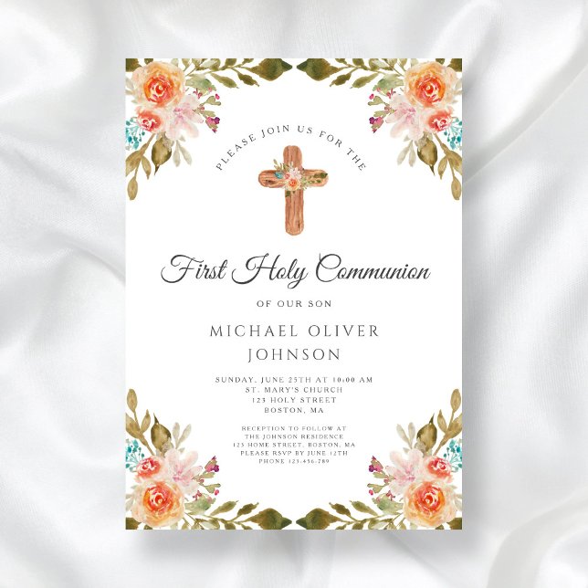 Convite Prioridade Comunitária da Cruz Religiosa Floral El (Elegant Floral Religious Cross First Communion Invitation)
