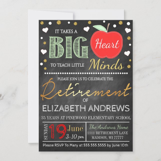 Convite Professor aposentado Chalkboard tira grande coraçã (Frente)