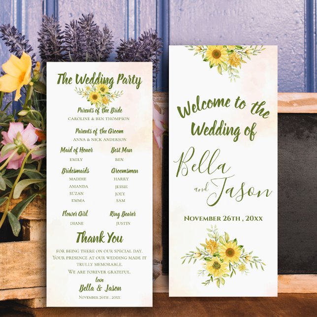 Convite Programa Casamento Amarelo de girassol Cama (Wedding Program Sunflower Yellow Cute Watercolor)