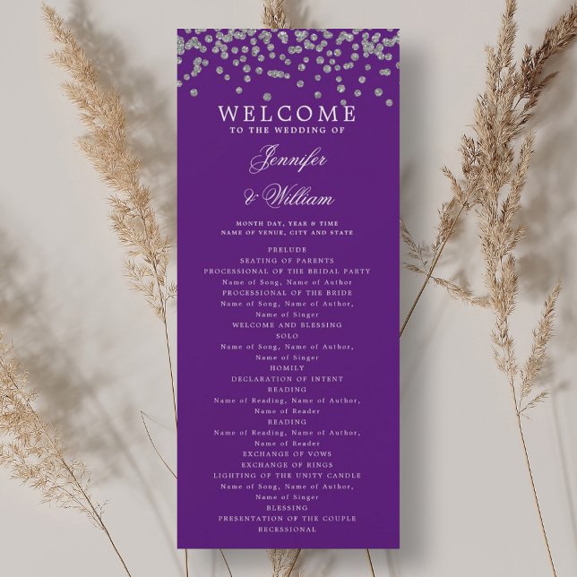 Convite Programa Casamento Clássico Confetti Prata Roxo (Classic Wedding Program Confetti Silver Purple )