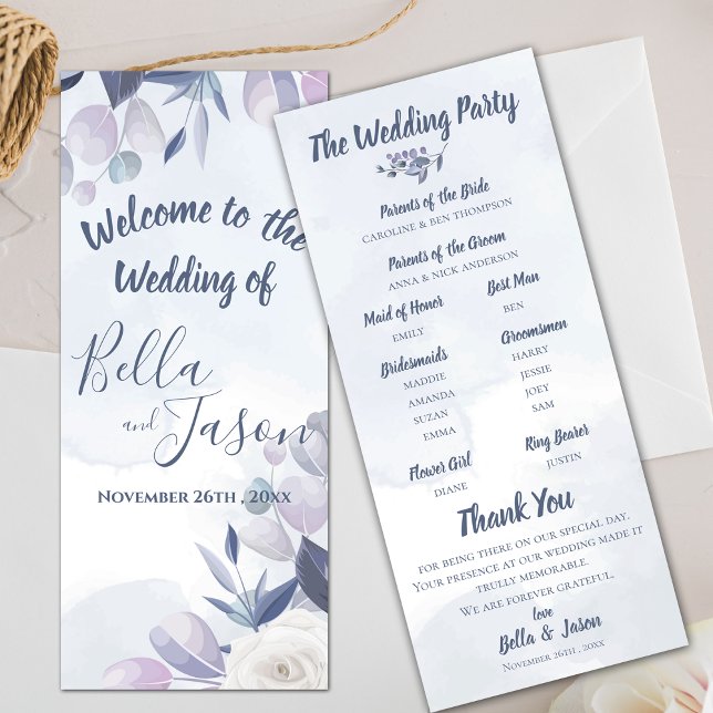 Convite Programa Casamento Cobra Aquarela Dusty Blue Flora (Wedding Program Cute Watercolor Dusty Blue Floral)