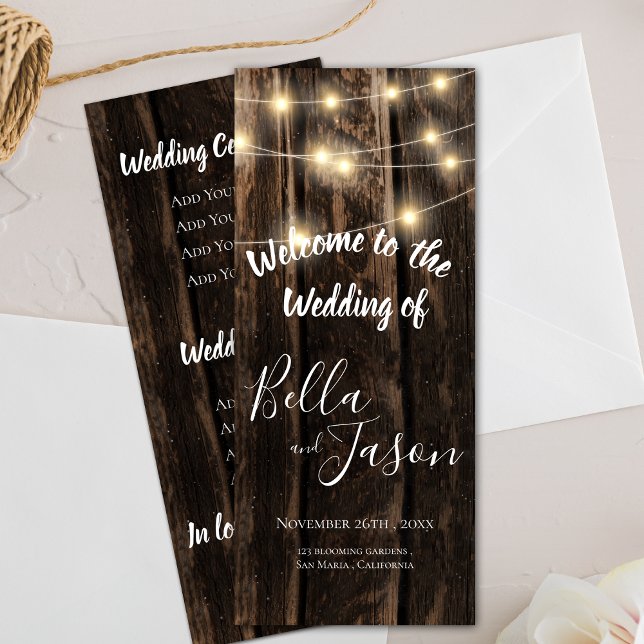 Convite Programa Casamento | Madeira Rústica Com Luzes De  (Wedding Program | Rustic Wood With String Lights)