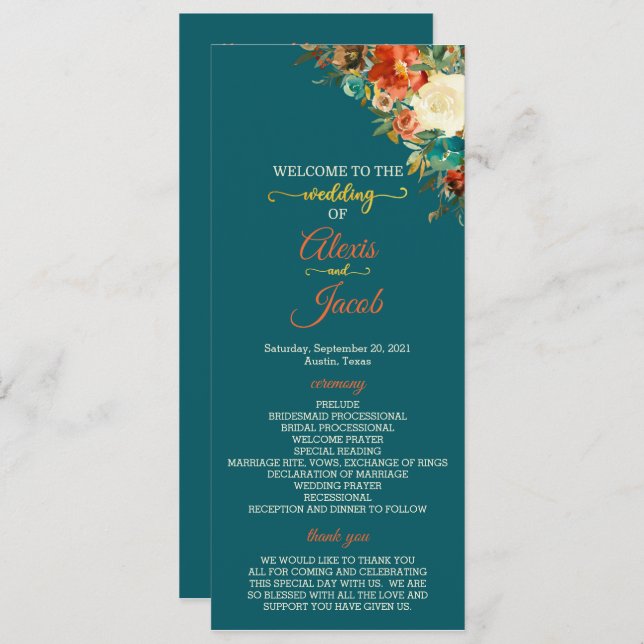 Convite Programa Casamento - Teal & Orange Floral (Frente/Verso)