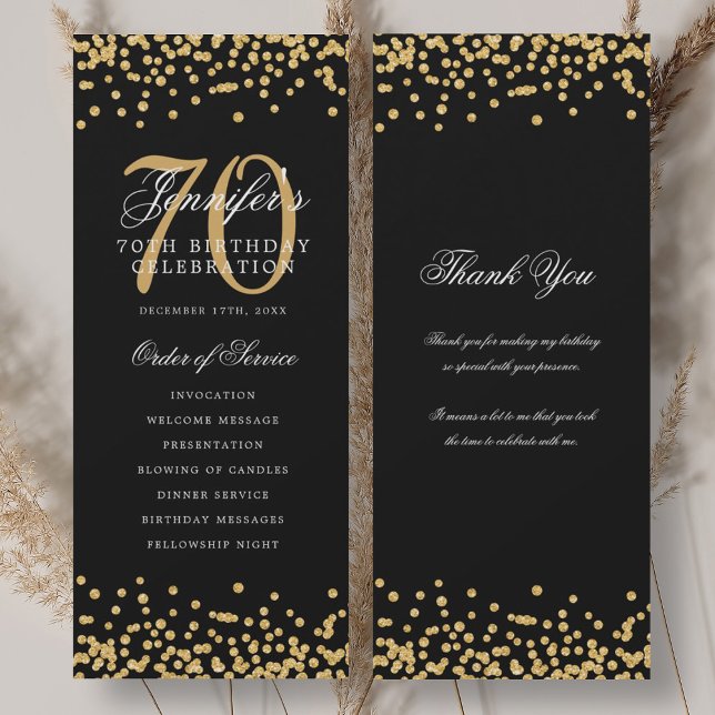 Convite Programa de 70º Aniversário Elegante Agradecimento (Elegant 70th Birthday Program Thank You Gold Black)