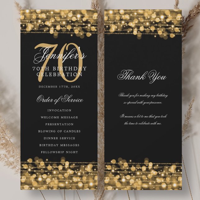 Convite Programa de 70º Aniversário Elegante Dourado c/ Ag (Elegant 70th Birthday Program Gold w/ Thank You)