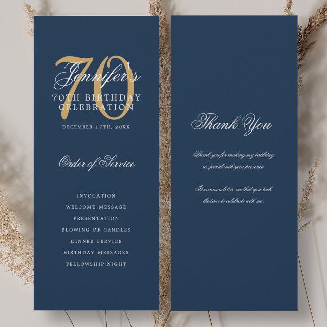 Convite Programa de 70º Aniversário Elegante Dourado Marin (Elegant 70th Birthday Program Gold Navy Thank You)