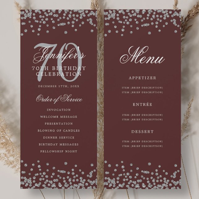 Convite Programa de 70º Aniversário Elegante Menu Prata Bo (Elegant 70th Birthday Program Silver Menu Burgundy)