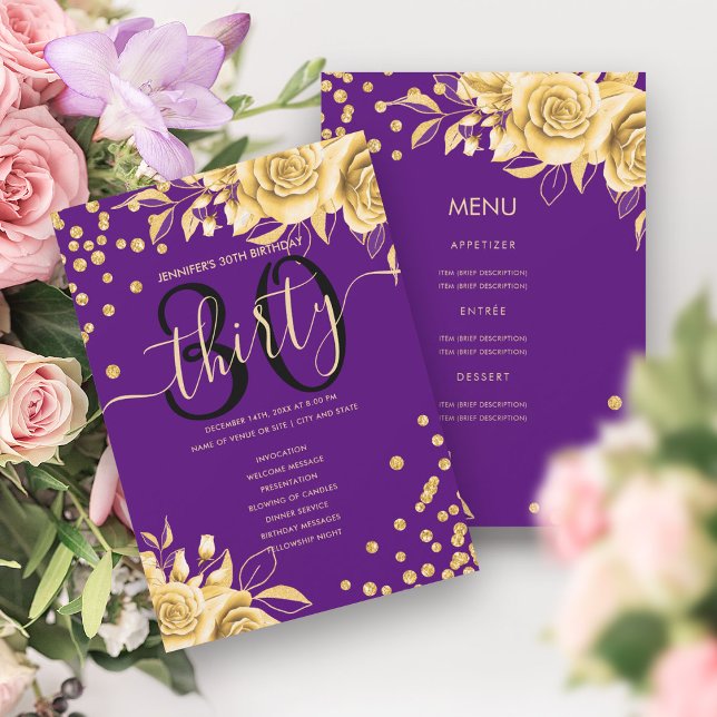 Convite Programa de aniversário de 30 anos Floral Dourado (Gold Purple Floral 30th Birthday Menu Program)