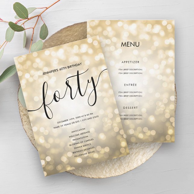 Convite Programa de aniversário de 40 anos de Luzes Leves  (Gold Glitter Lights 40th Birthday Menu Program)