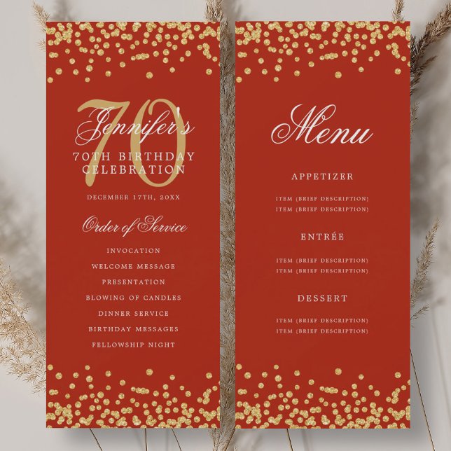 Convite Programa de Aniversário de 70 anos Dourado Vermelh (70th Birthday Program Gold Red Confetti Menu)