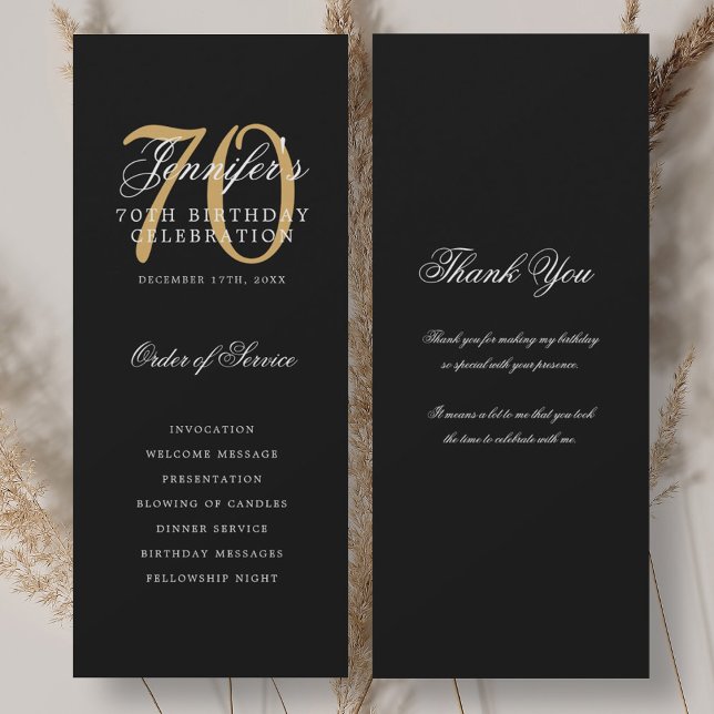 Convite Programa de Aniversário de 70 Anos Elegante Agrade (Elegant 70th Birthday Program Gold Black Thank You)