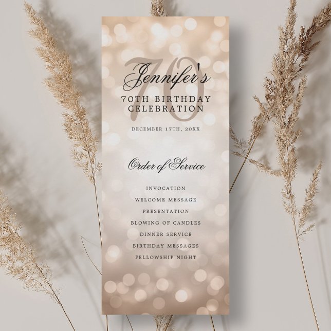 Convite Programa de Aniversário de 70 anos Elegante com Bo (Elegant 70th Birthday Program Rose Gold Bokeh)