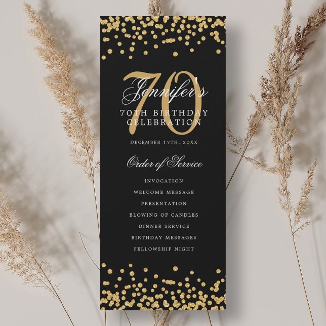 Convite Programa de Aniversário de 70 anos Elegante Confet (Elegant 70th Birthday Program Gold Black Confetti)