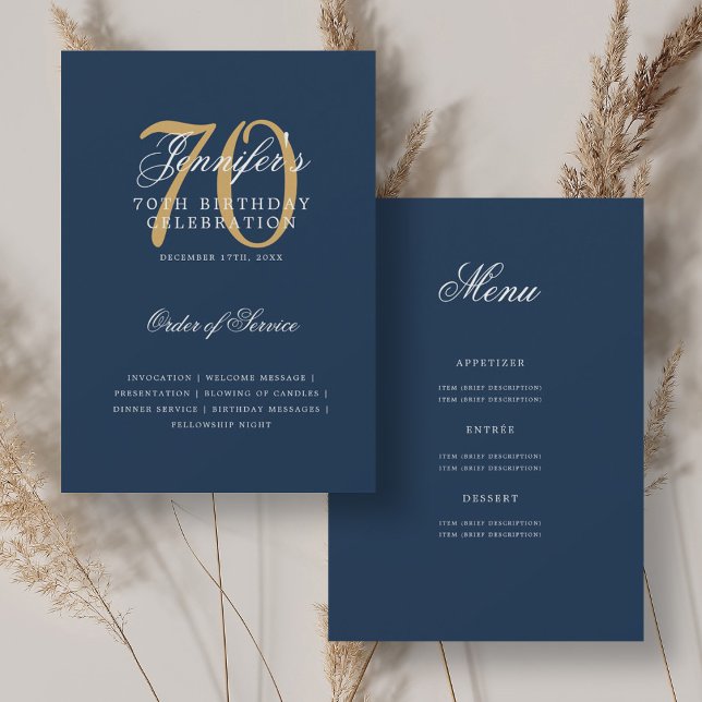 Convite Programa de Aniversário de 70 anos Elegante Dourad (Elegant 70th Birthday Program Gold Navy w/ Menu)