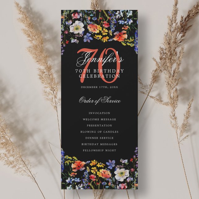 Convite Programa de Aniversário de 70 anos Elegante Floral (Elegant Floral 70th Birthday Program Black)