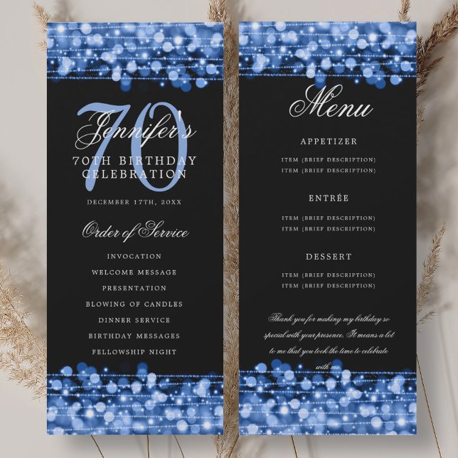 Convite Programa de Aniversário de 70 anos Menu Azul Marin (70th Birthday Program Navy Blue Menu+Thank You)