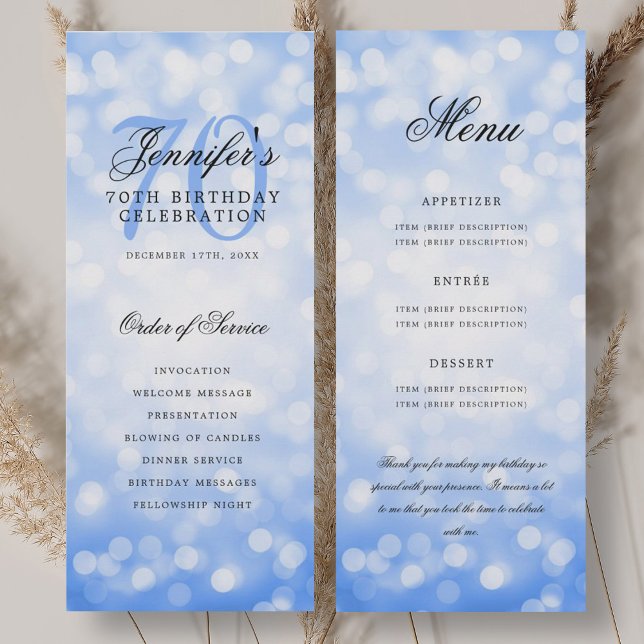 Convite Programa de Aniversário de 70 anos Menu Azul Naval (70th Birthday Program Navy Blue Bokeh Menu)