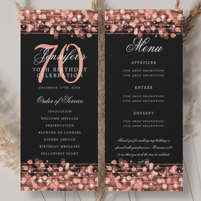 Convite Programa de Aniversário de 70 anos Menu Dourado Ro (70th Birthday Program Rose Gold Menu+Thank You)