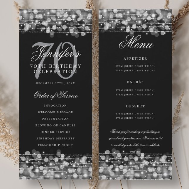 Convite Programa de Aniversário de 70 anos Menu Prata+Obri (70th Birthday Program Silver Menu+Thank You)