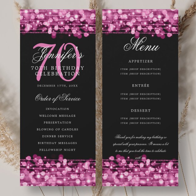 Convite Programa de Aniversário de 70 anos Menu Rosa+Obrig (70th Birthday Program Hot Pink Menu+Thank You)