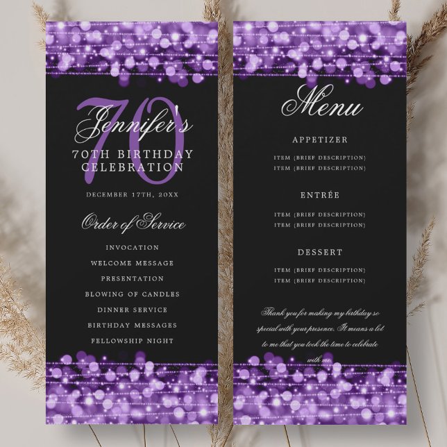 Convite Programa de Aniversário de 70 anos Menu Roxo+Agrad (70th Birthday Program Purple Menu+Thank You)