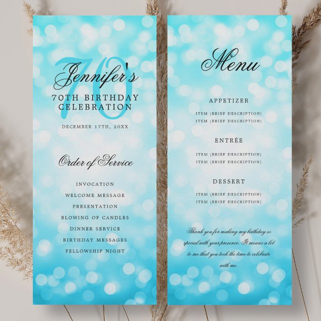Convite Programa de Aniversário de 70 anos Menu Turquesa B (70th Birthday Program Turquoise Bokeh Menu)