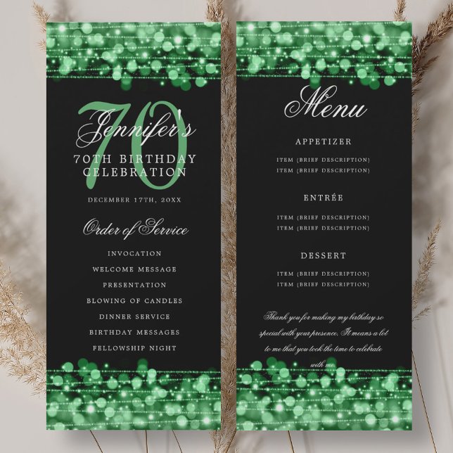 Convite Programa de Aniversário de 70 anos Menu Verde + Ob (70th Birthday Program Green Menu+Thank You)