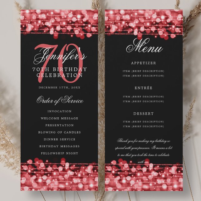 Convite Programa de Aniversário de 70 anos Menu Vermelho R (70th Birthday Program Ruby Red Menu+Thank You)