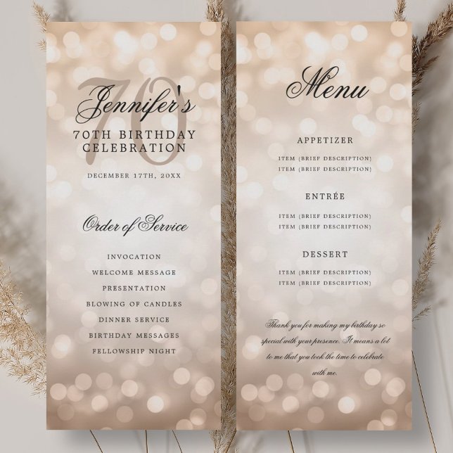Convite Programa de Aniversário de 70 anos Rosa Dourado Bo (70th Birthday Program Rose Gold Bokeh Menu)